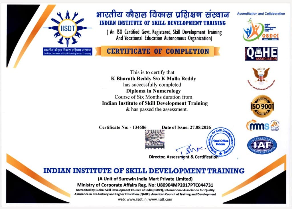Diploma in Numerology — Bharath Reddy, Indian Institute of Skill Development Training